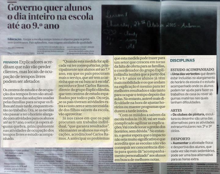 EXPLICOLÂNDIA em destaque no Jornal Diário de Noticias, num artigo sobre a escola a tempo inteiro